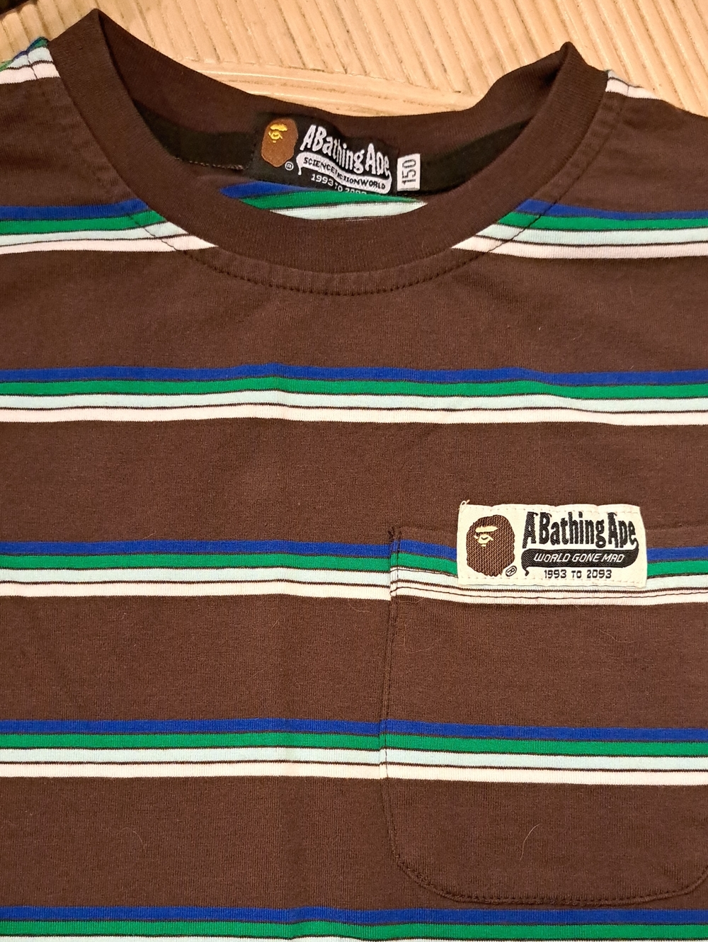 A Bathing Ape Kids' Brown Striped Pocket Tee 150 12-14 Boys.